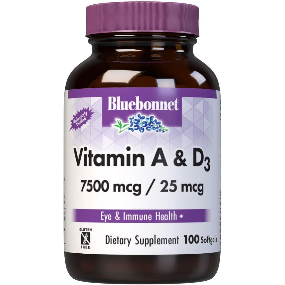 Bluebonnet Nutrition Vitamin A and D3 100 Softgels front bottle view