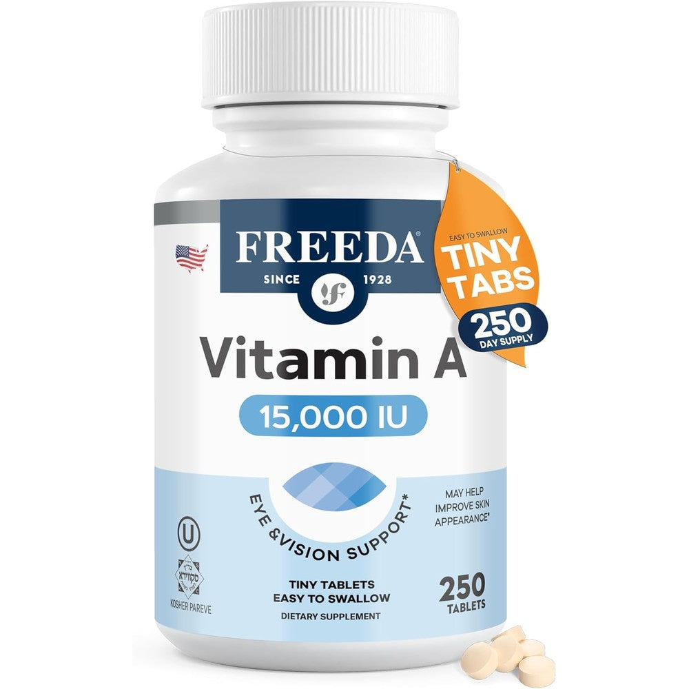 Freeda Vitamin A 15,000 IU bottle front view for eye and skin support.