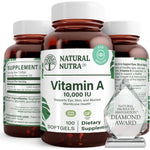 Natural Nutra Vitamin A 10000 IU front view bottle of imported dietary supplements for eye health.