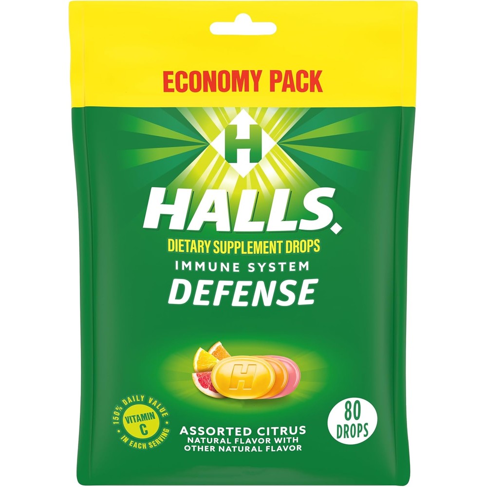 Halls Defense Assorted Citrus Vitamin C Drops front package view for immune support