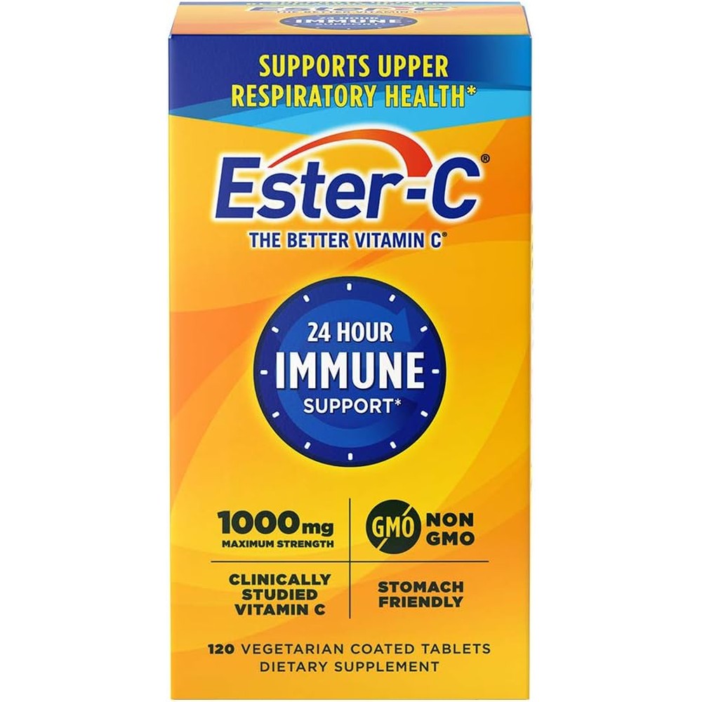 Ester-C Vitamin C 1000 mg 120 coated tablets front view packaging showing 24 hour immune support benefit