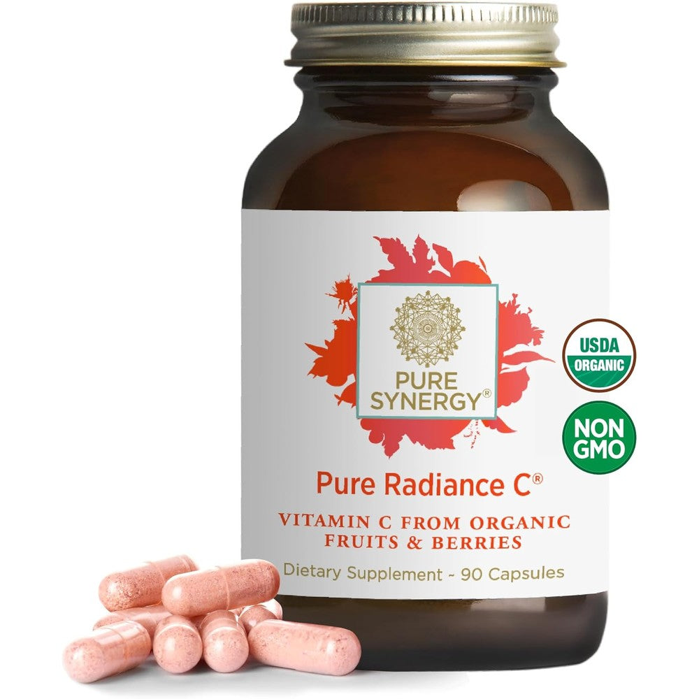 Pure Synergy Pure Radiance C front view bottle of organic vitamin C capsules.