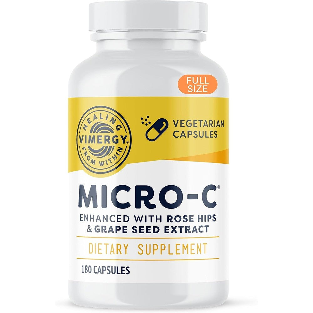 Vimergy Micro C 500mg Vitamin C 180 capsules front view bottle showing white label with green accents and product details.