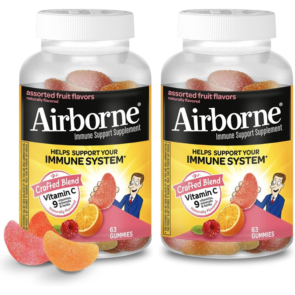 Airborne Vitamin C 750 mg Gummies 126 count bottle front view showing assorted fruit flavors daily immune support supplement
