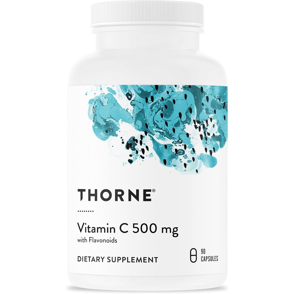 Thorne Vitamin C 500 Milligram with Citrus Bioflavonoids 90 Capsules bottle front view showing product facts