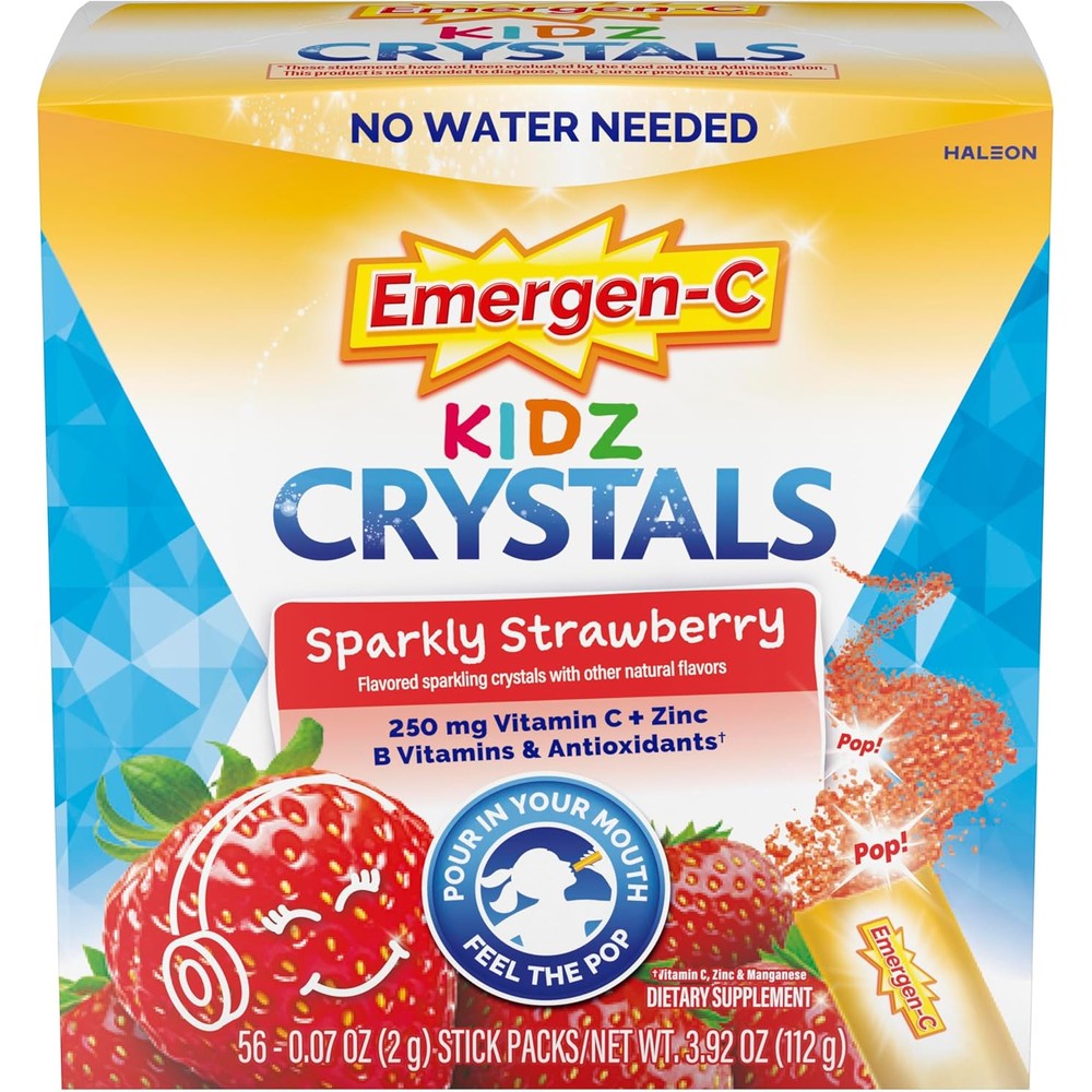 Emergen-C Kidz Crystals Sparkly Strawberry front packaging view for daily immune support