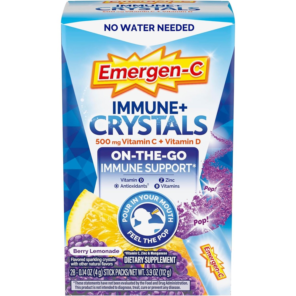Emergen-C Immune Plus Crystals Berry Lemonade 28 Count box front view showing immune support benefits.
