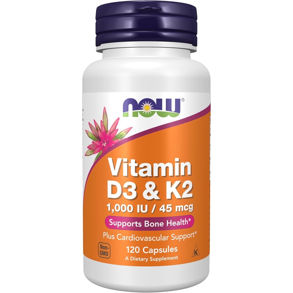 NOW Foods Vitamin D3 and K2 120 vegetarian capsules front bottle view