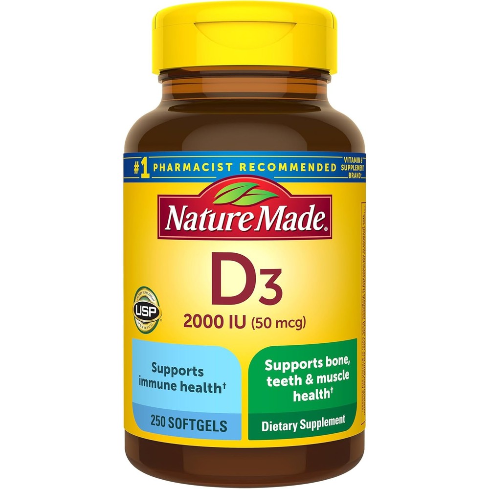 Nature Made Vitamin D3 2000 IU 250 softgels bottle front view for bone health support