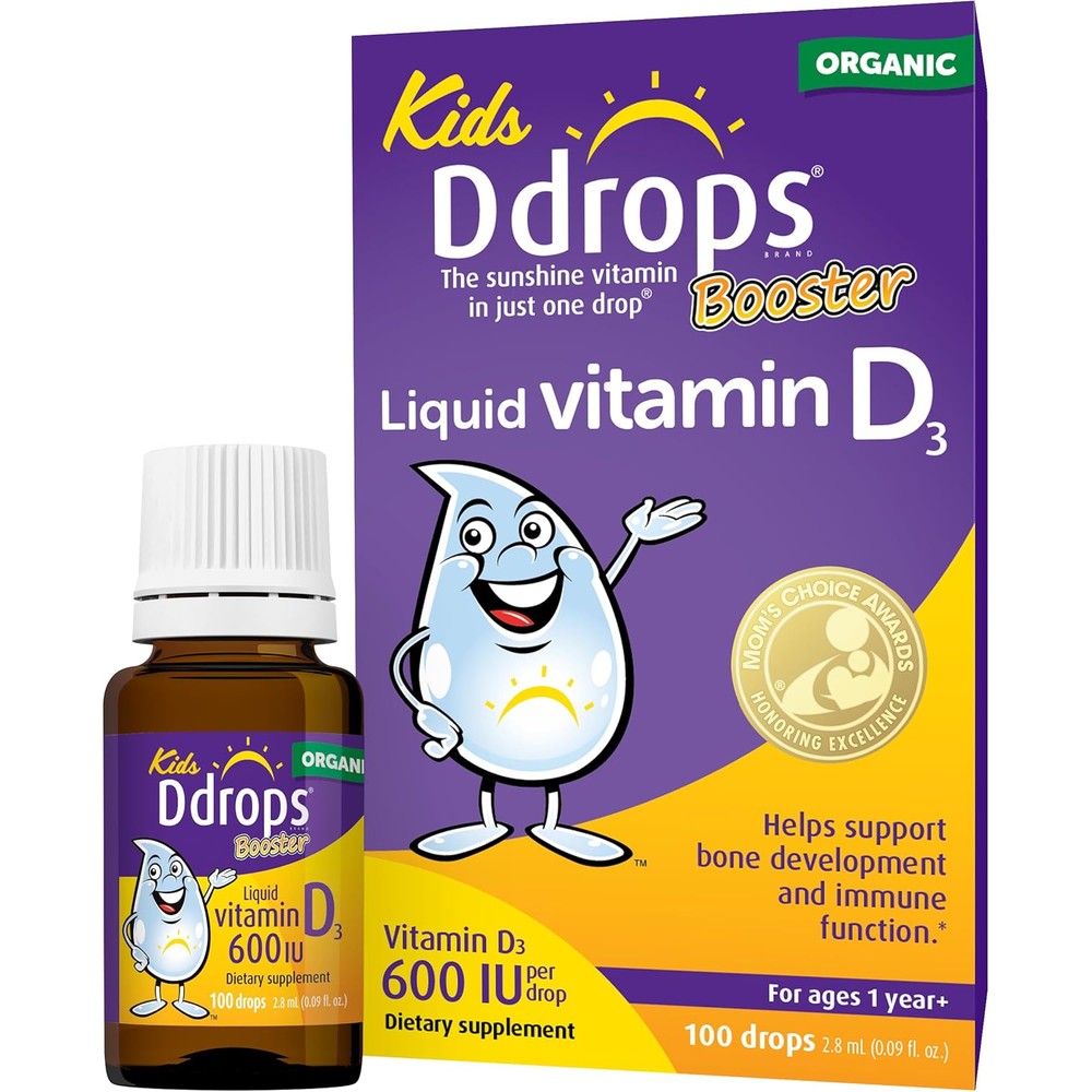 Ddrops Kids Booster 600 IU liquid vitamin D3 supplement bottle front view