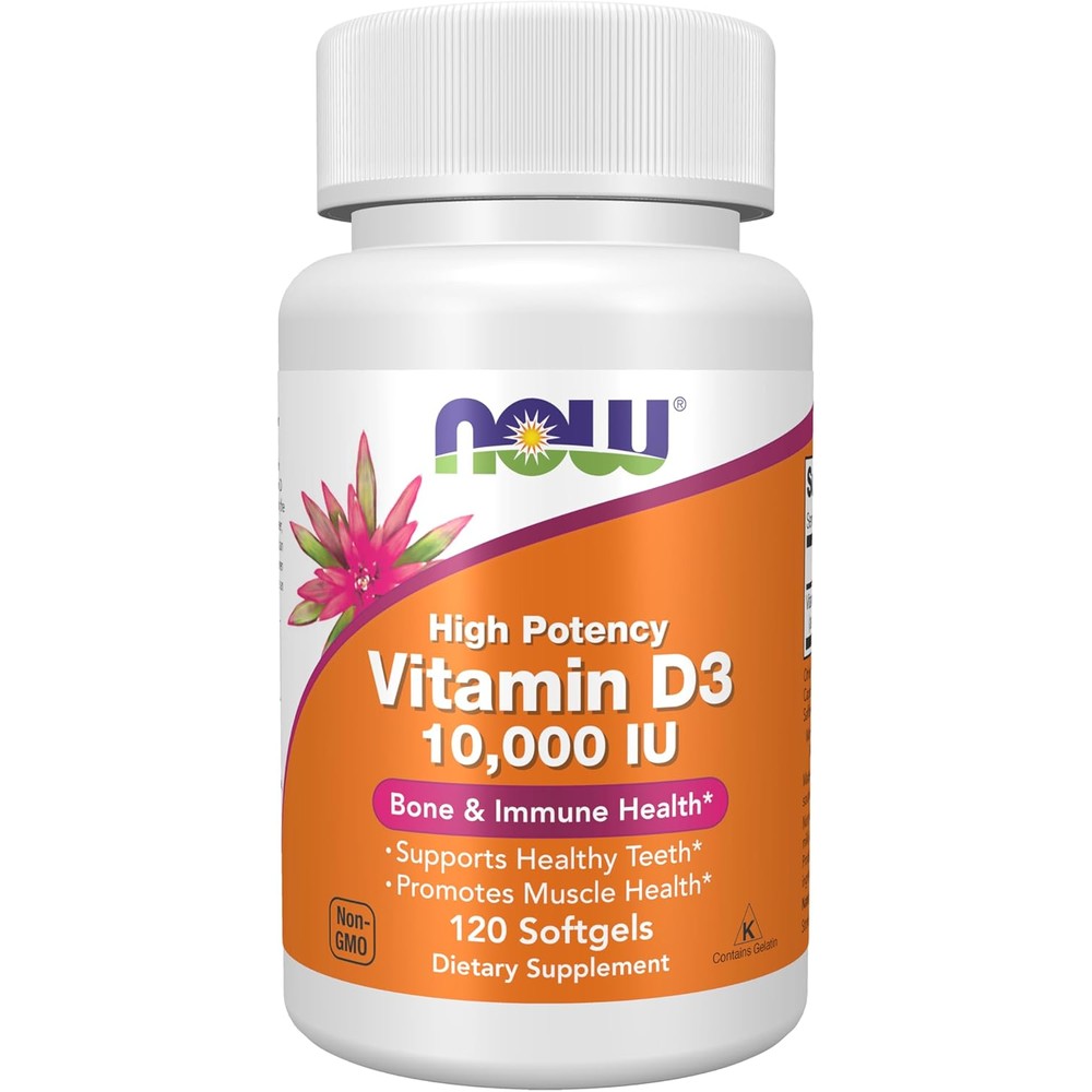 NOW Foods Vitamin D3 10000 IU bottle front view for immune support