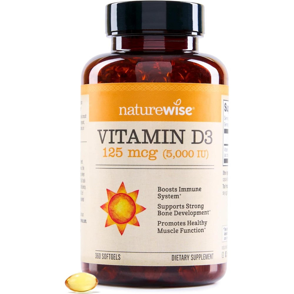 NatureWise Vitamin D3 5000 IU front view bottle of imported dietary supplements for immune support