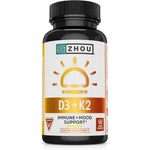 Zhou Nutrition Vitamin D3 and K2 front view bottle showing 60 veggie capsules label