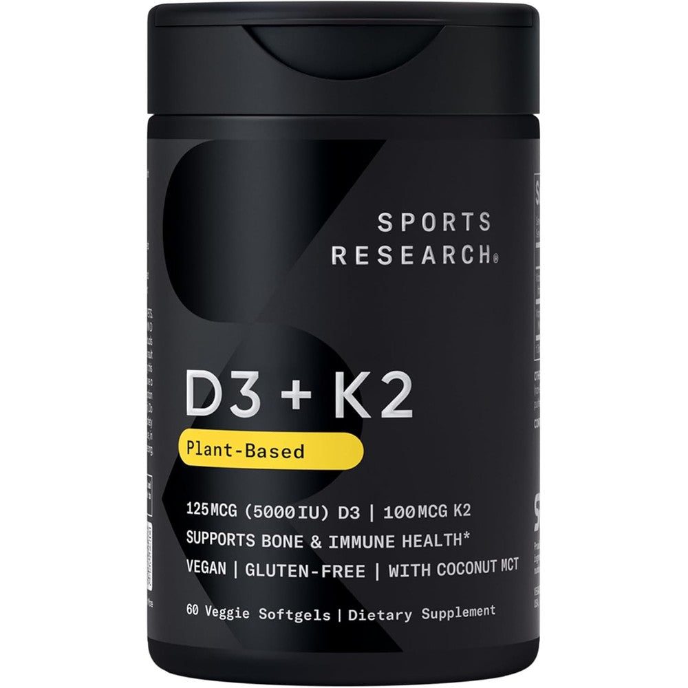 Sports Research Vitamin D3 and K2 front view bottle showing plant-based 60 veggie softgels label