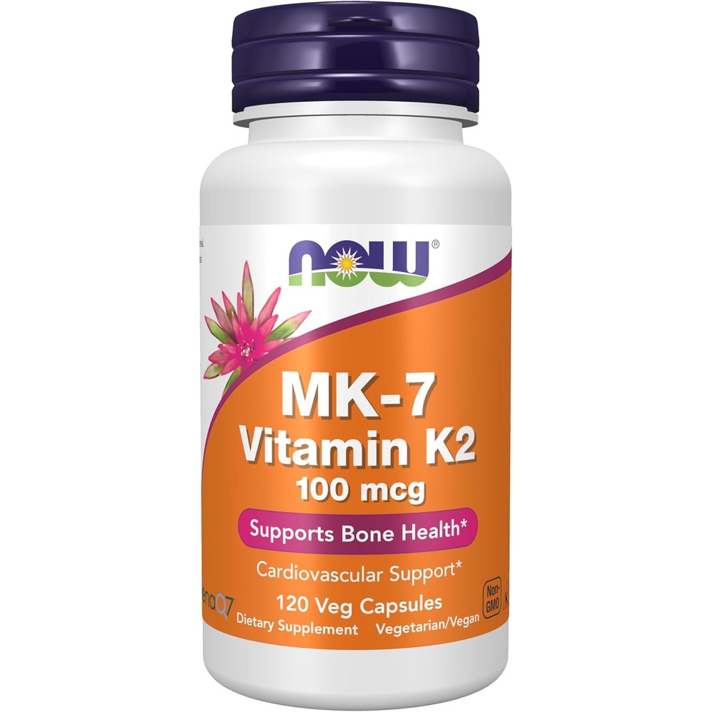 NOW Foods MK 7 Vitamin K 2 100 Micrograms bottle front view showing brand logo and supplement benefits.