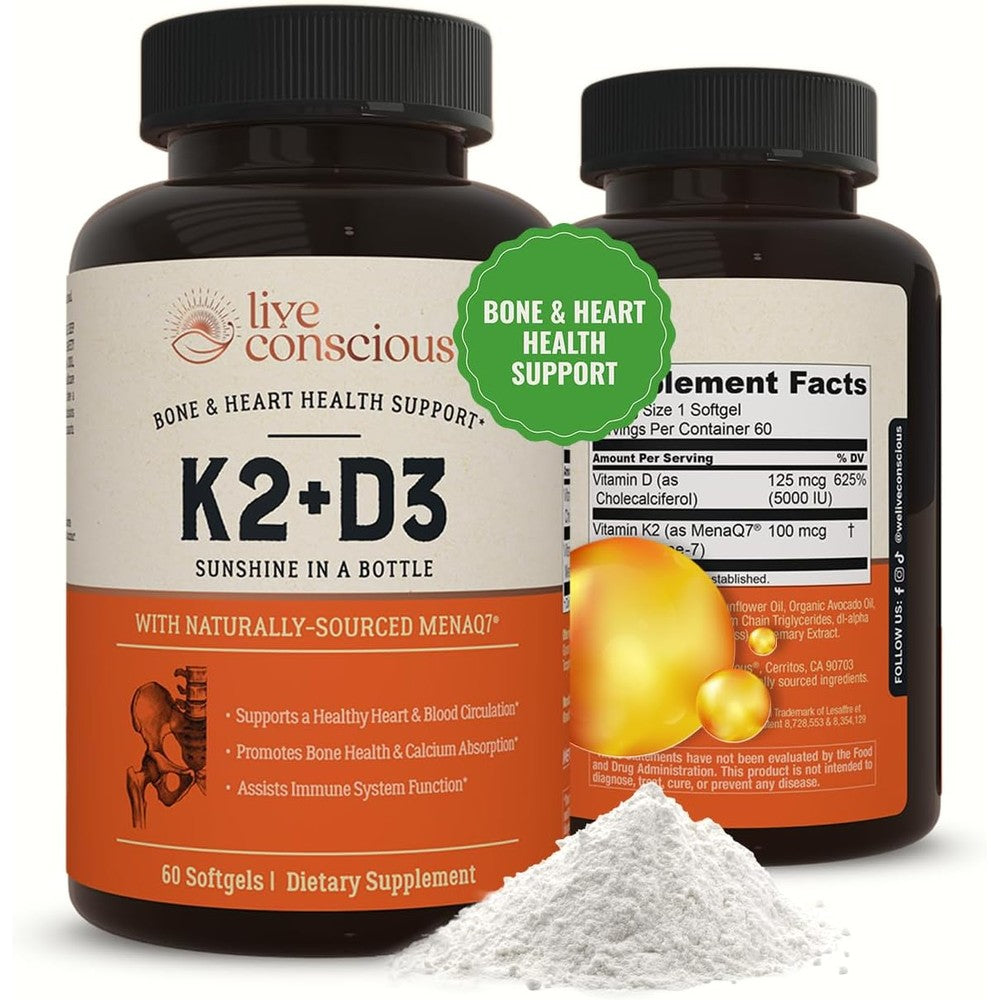 Live Conscious Vitamin K2 MK7 with D3 60 Softgels front bottle view for bone support