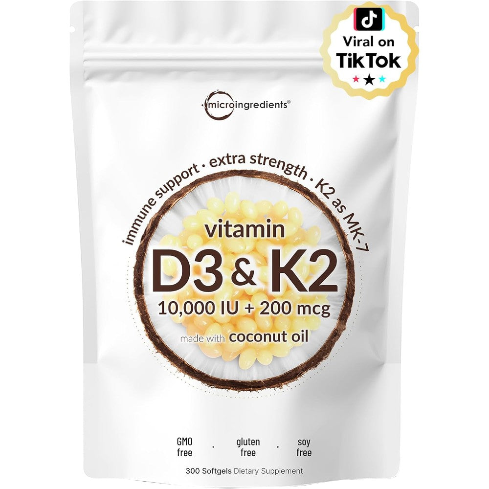 Micro Ingredients Vitamin D3 10000 IU and K2 MK7 white pouch front view