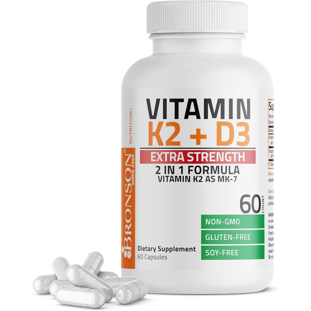Bronson Vitamin K2 MK7 with D3 Extra Strength 60 Capsules front bottle label view