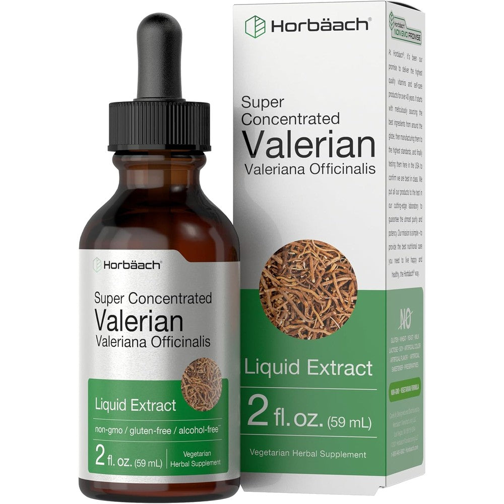 Horbäach Valerian Root Extract Drops 2 Fluid Ounces bottle front view for natural relaxation supplement.