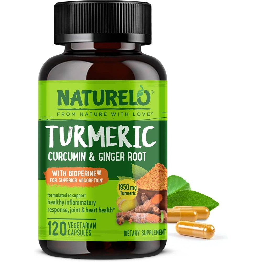 NATURELO Turmeric Curcumin front view bottle of joint support capsules.