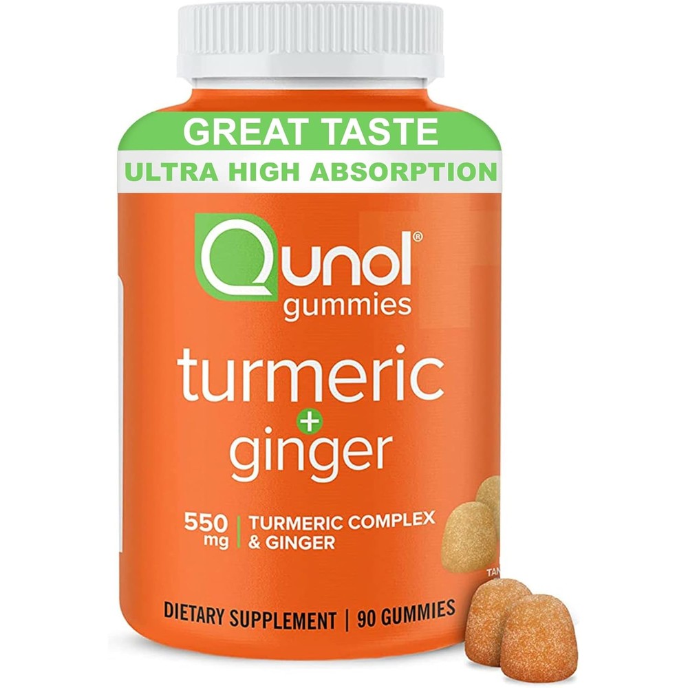Qunol Turmeric and Ginger Gummies ninety count front view bottle for joint support