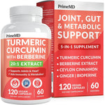 PrimeMD 5-in-1 Organic Turmeric Curcumin Berberine 120 capsules front bottle view for joint health