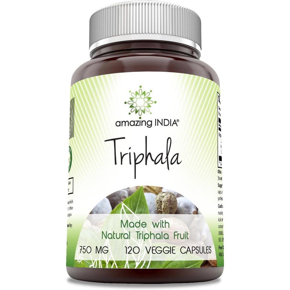 Amazing India Triphala Fruit Supplement 750mg 120 Veggie Capsules front view bottle for digestive health