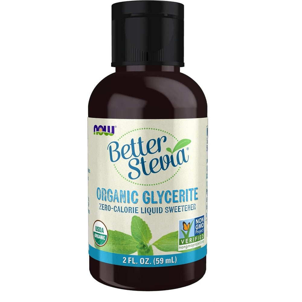 NOW Foods BetterStevia Liquid Glycerite 2 fluid ounce bottle front view premium zero calorie sweetener