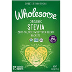 Wholesome Organic Stevia 75 Packets box front view showing zero calorie sugar free sweetener certification labels.