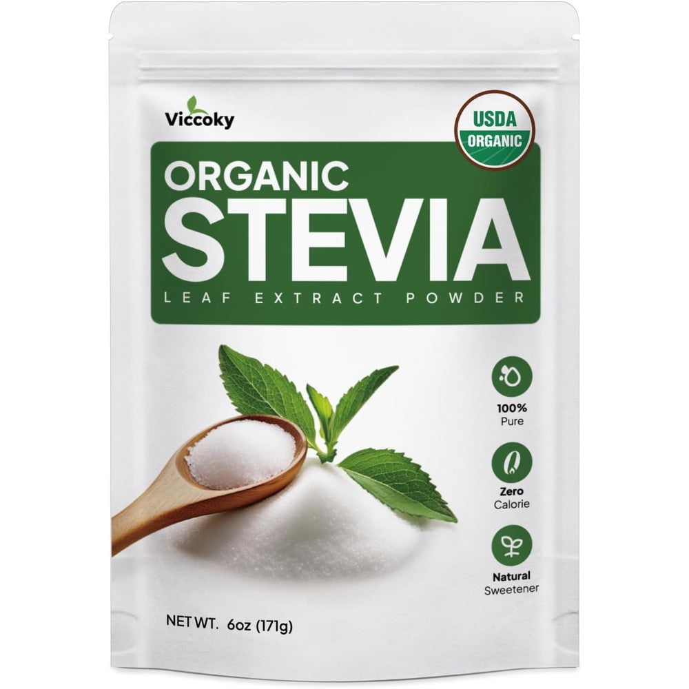 Viccoky Organic Stevia Leaf Extract Powder 6 Ounce front view packaging showing organic sweetener certifications