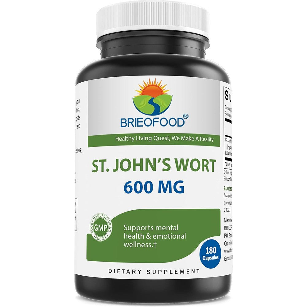 Brieofood St. John's Wort 600 milligrams 180 capsules front view bottle showing standardized extract text.
