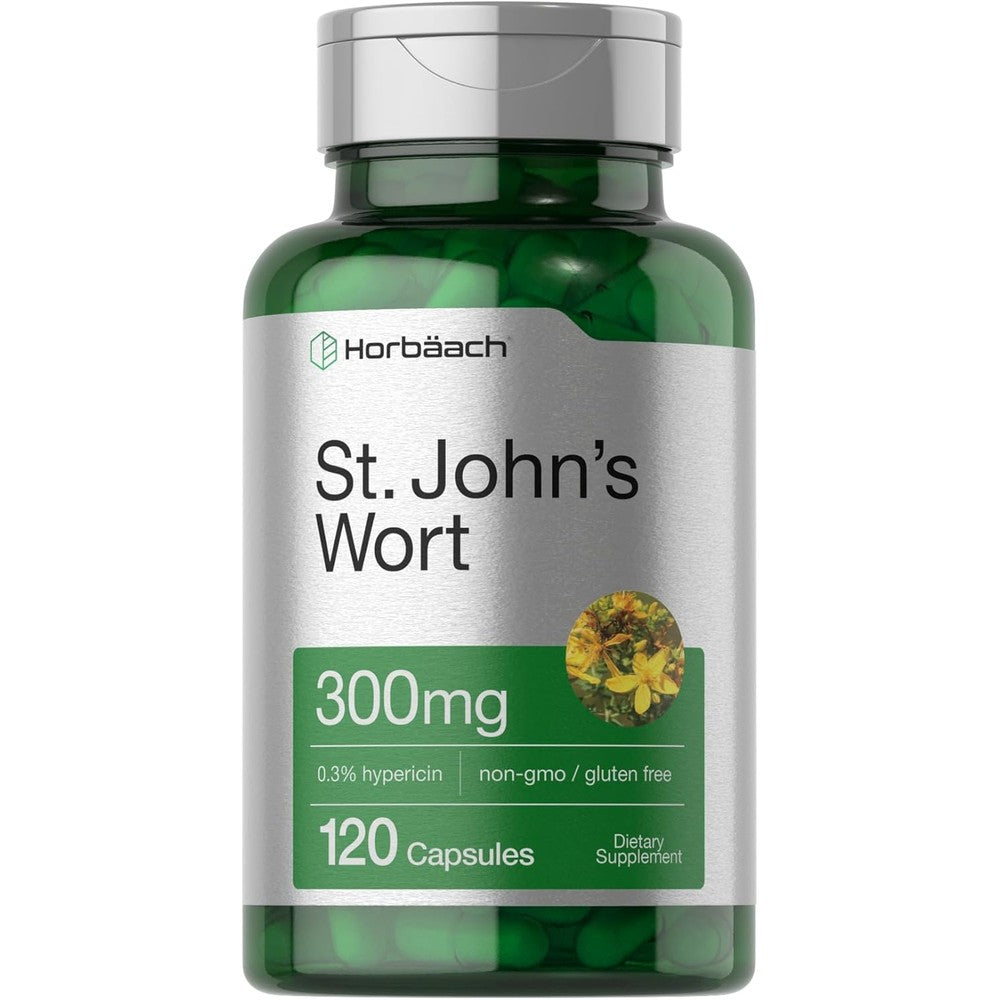Horbäach St Johns Wort 300mg 120 capsules front bottle view for mood support