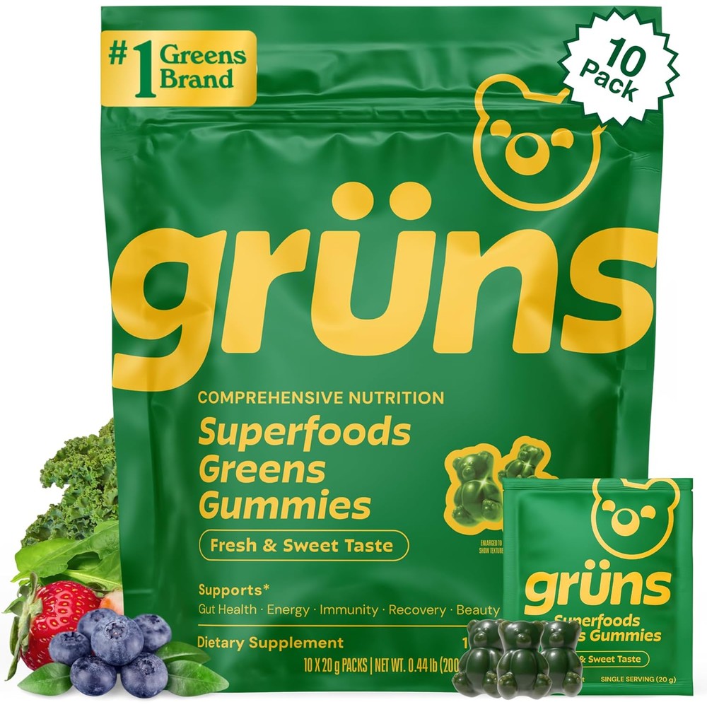 Grüns Adults Super Greens Multivitamin Gummy Bears front packaging view for daily wellness