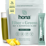 Hona Fiber Plus Greens Gut And Superfood Blend front view packaging for premium digestive health support