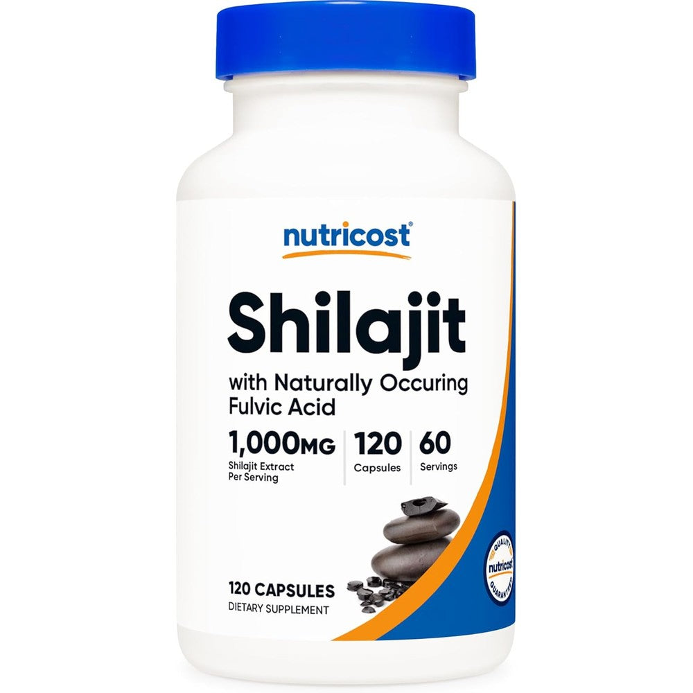 Nutricost Shilajit Extract 1000mg 120 capsules front bottle view for natural energy supplement.