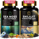 BBEEAAUU Shilajit and Sea Moss Bundle front view showcasing 240 dietary capsules bottle design.