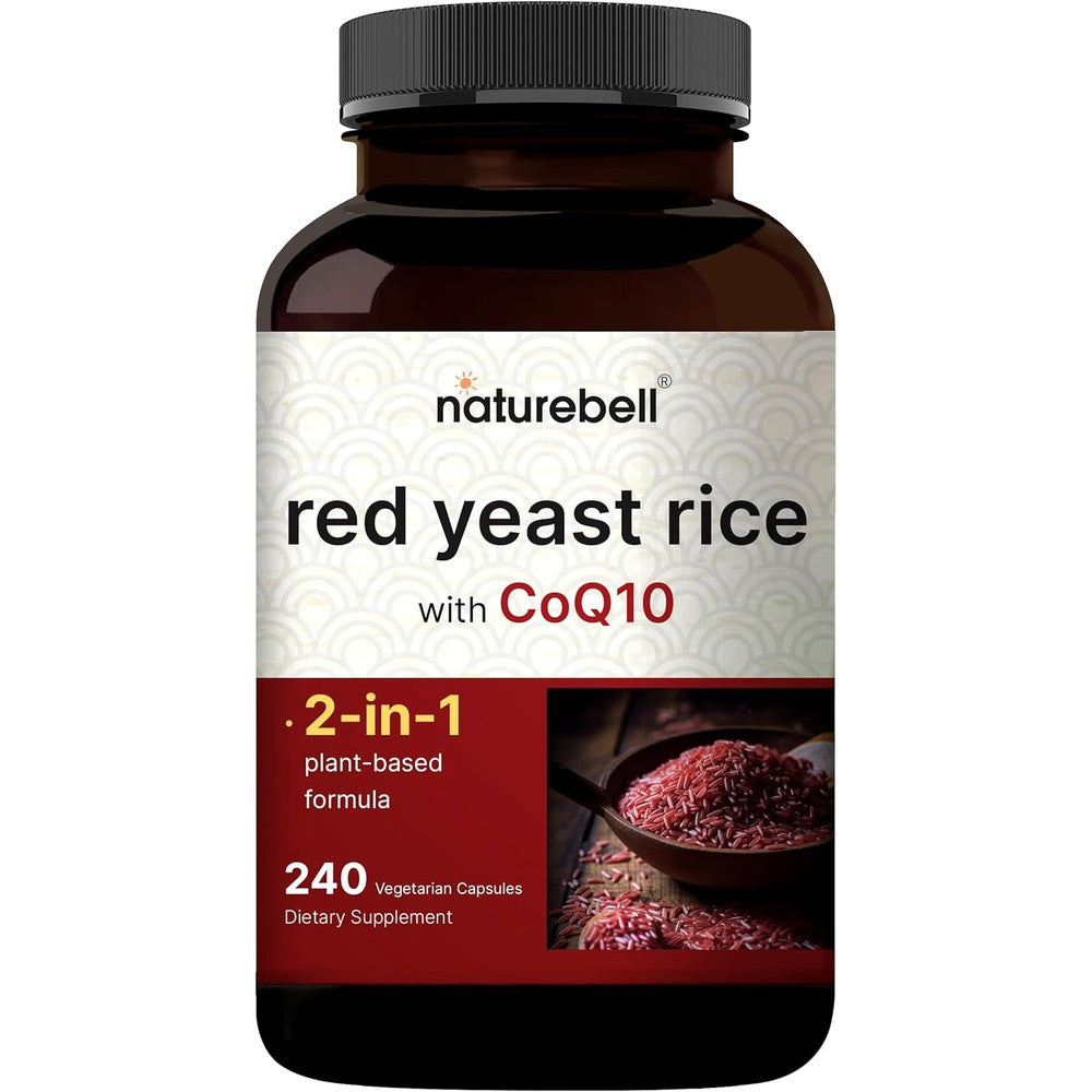 NatureBell Red Yeast Rice and CoQ10 240 vegetarian capsules front bottle view for heart health support