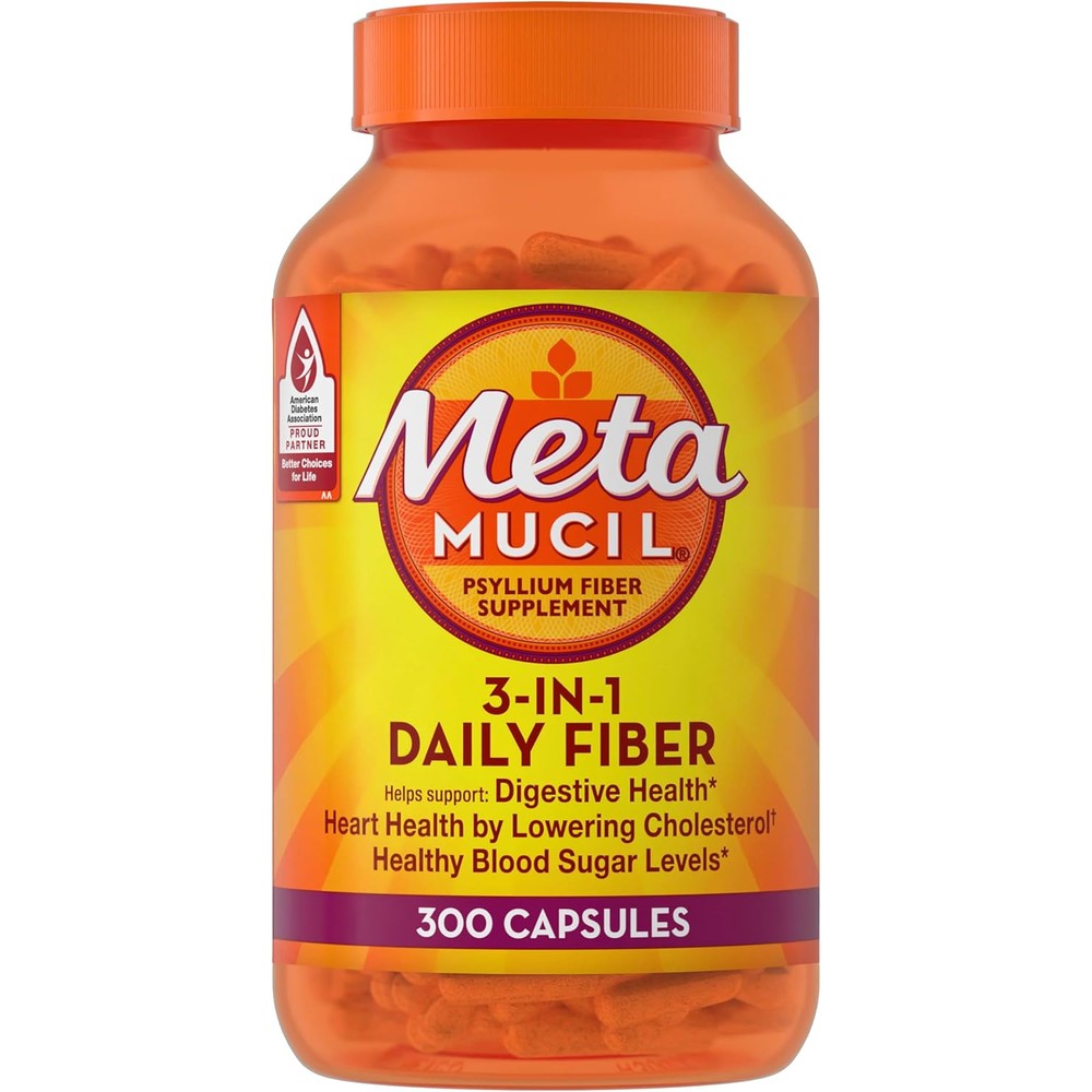 Metamucil daily fiber supplement psyllium husk capsules front view