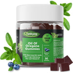 NEVISS oregano oil gummies front view of the 90 count bottle showing blueberry flavor graphics