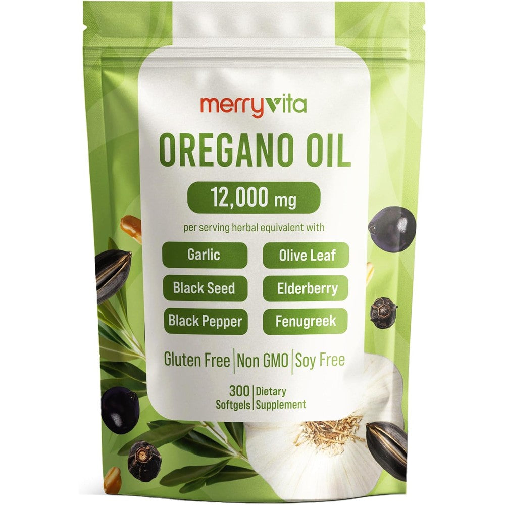 Merry Vita Oil of Oregano and Black Seed Oil 300 Softgels front pouch view showing 7-in-1 immune support complex.