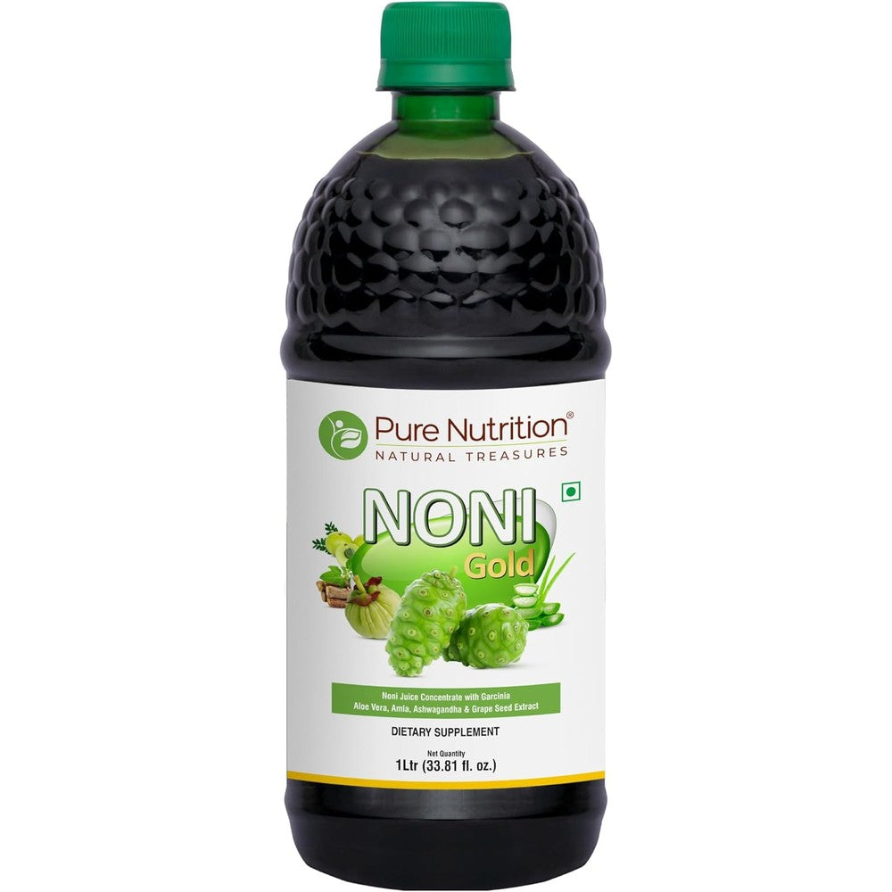 Pure Nutrition Noni Gold 1000ml front view bottle showing premium detox juice concentrate packaging.
