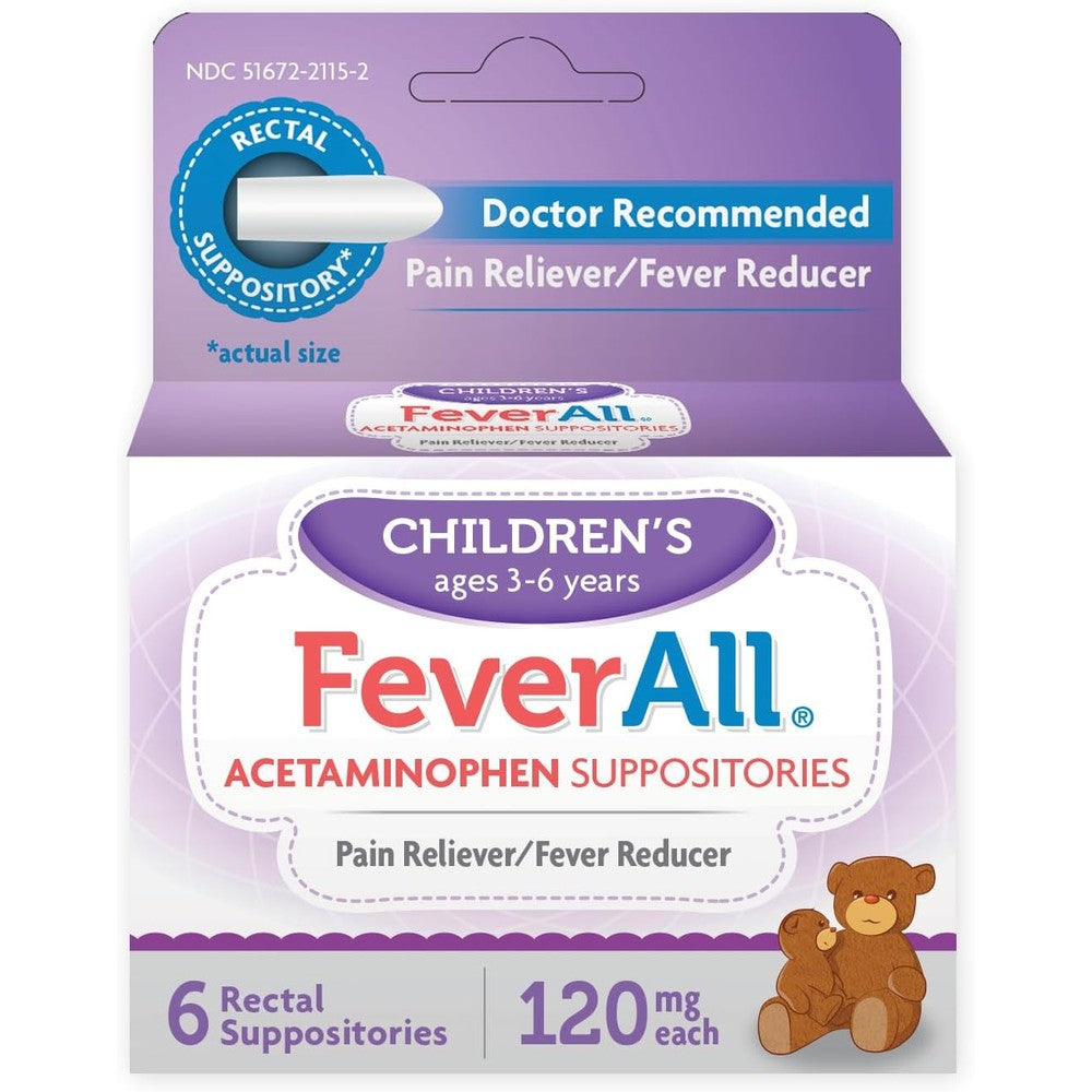 FeverAll Children's 120 mg Acetaminophen Suppositories front packaging view for fever relief.