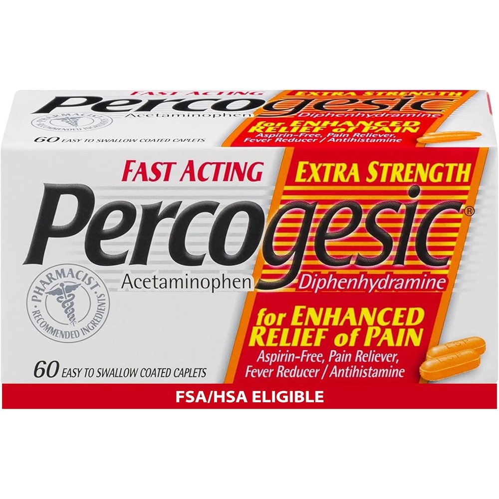 Percogesic Extra Strength 60 count front packaging for fast-acting pain relief.