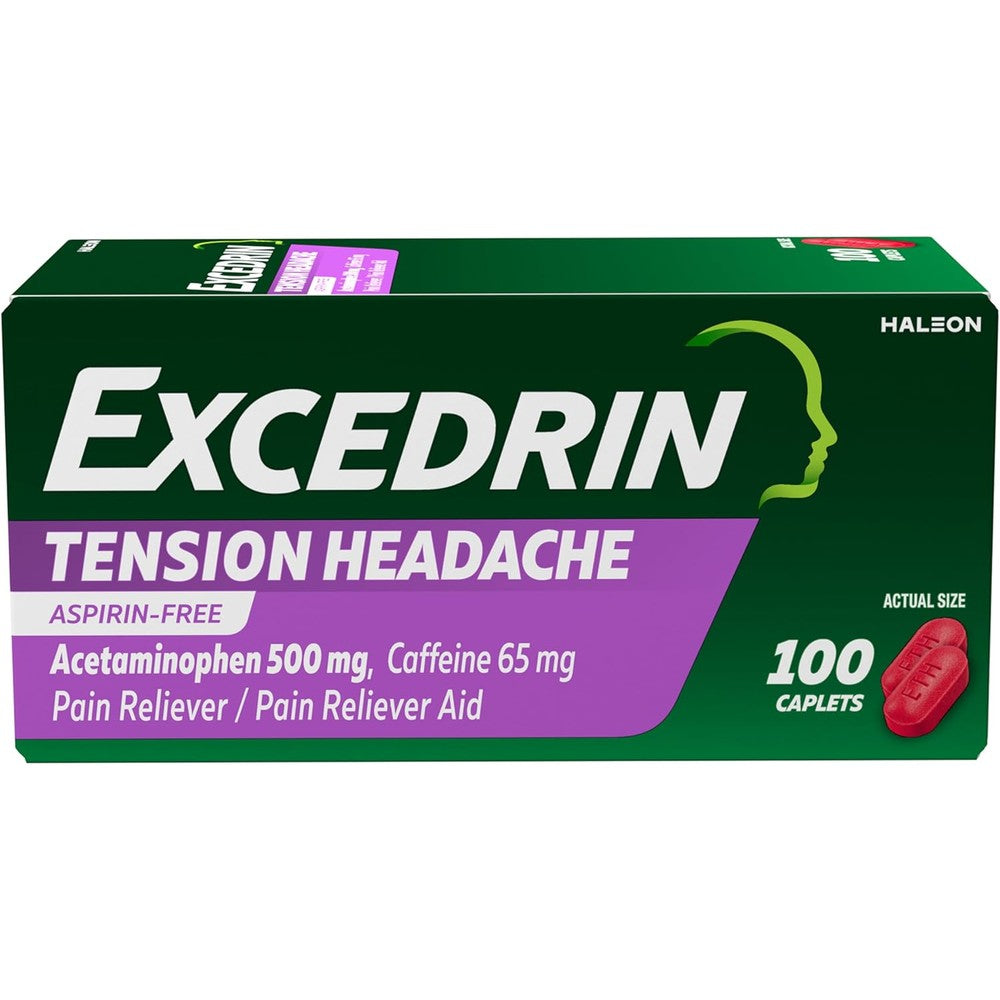 Excedrin Tension Headache Relief 100 caplets front bottle view for stress pain