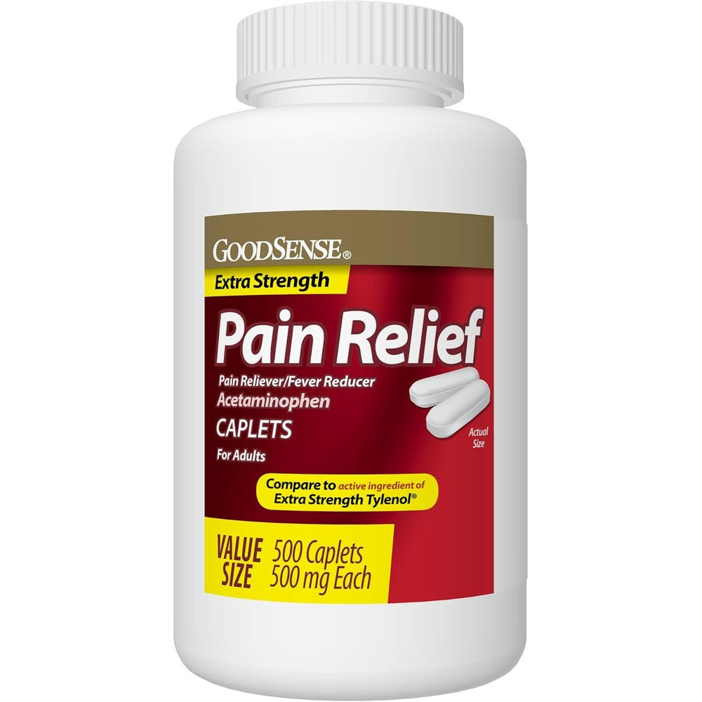 GoodSense Extra Strength Pain Relief 500 mg front view bottle for headache relief.