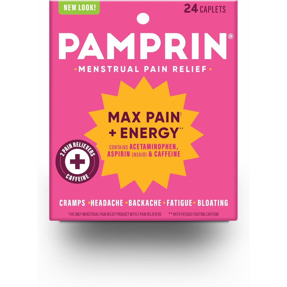 Pamprin Maximum Strength Max Pain and Energy Formula 24 caplets front view for menstrual relief.