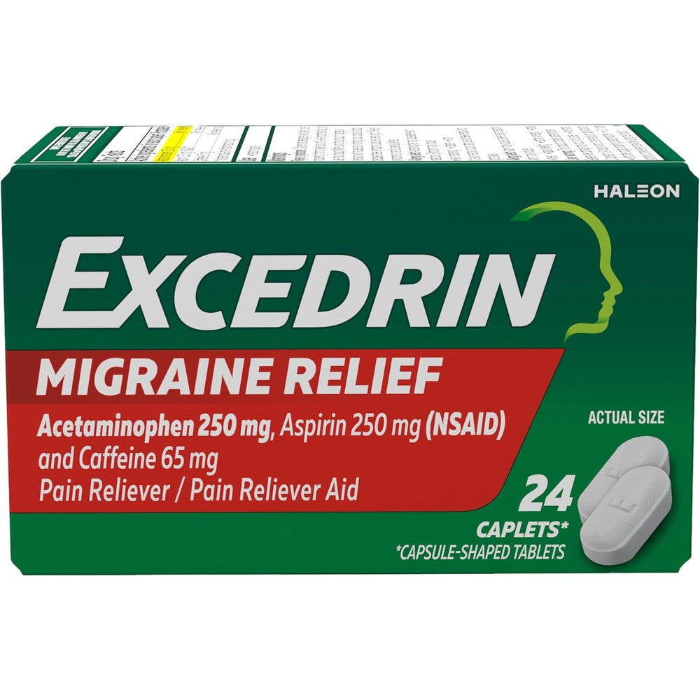 Excedrin Migraine Relief 24 Count bottle front view for fast acting pain relief.