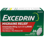 Excedrin Migraine Relief 24 Count bottle front view for fast acting pain relief.