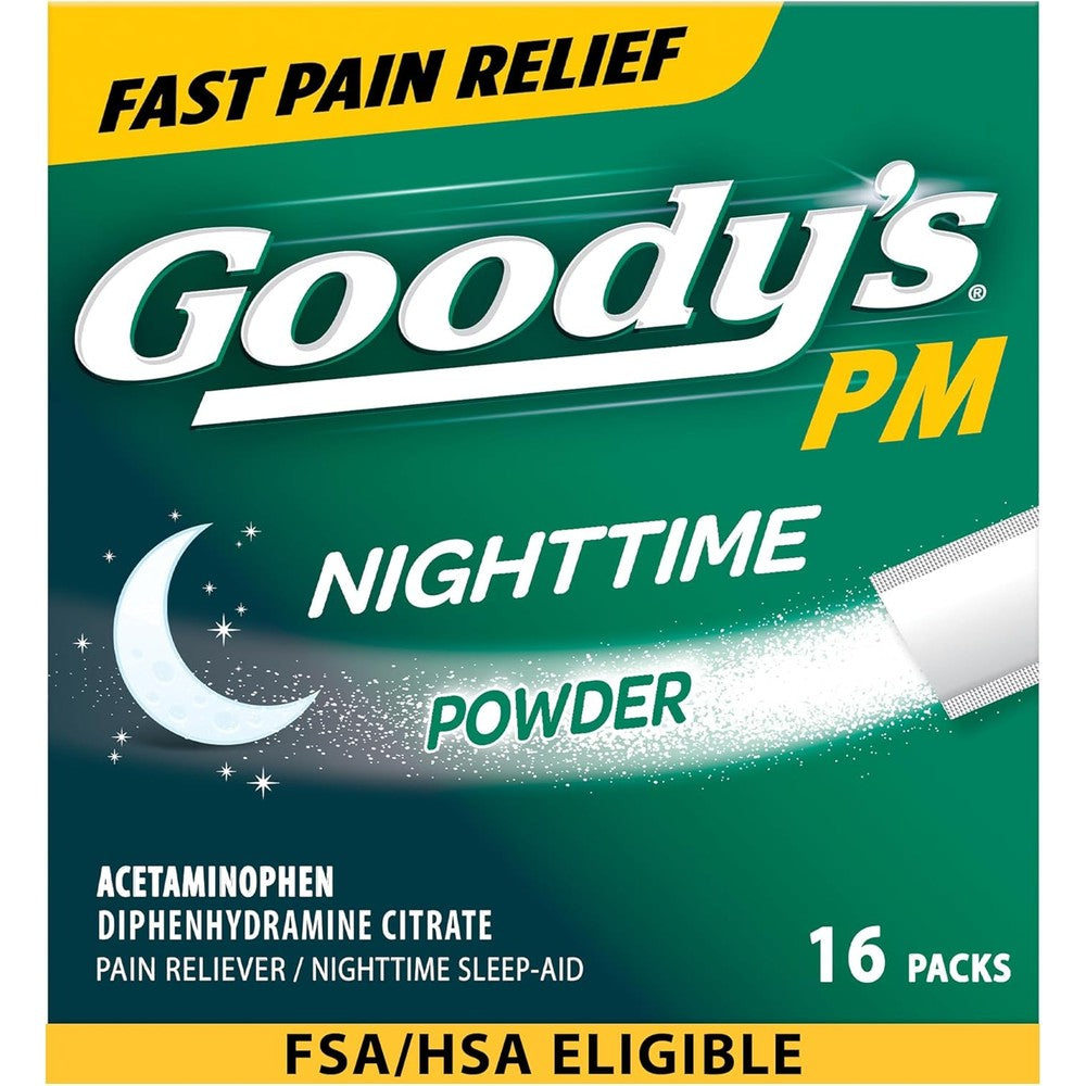 Goody's Nighttime Powder 16 count front packaging for fast pain relief.