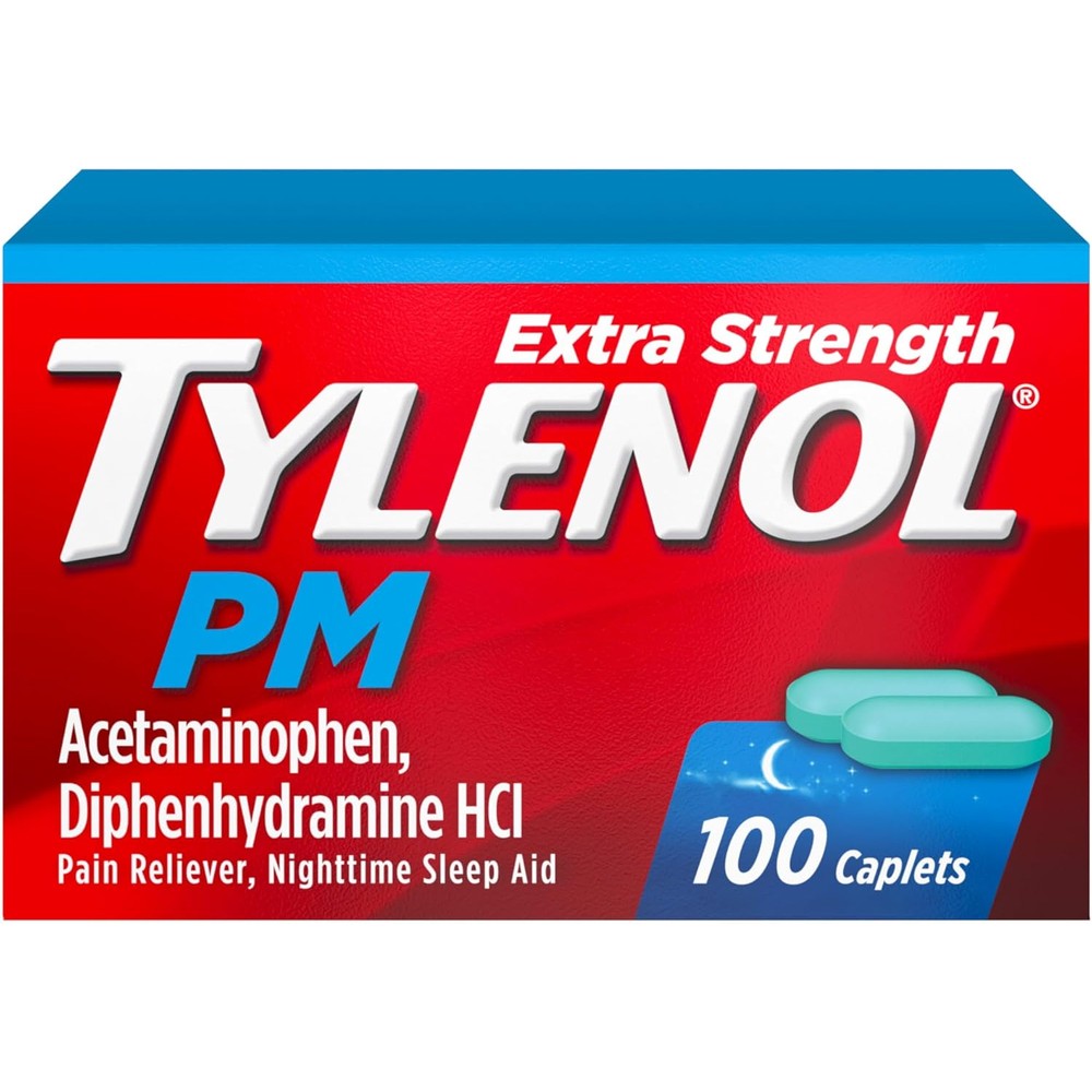 Tylenol PM Extra Strength 100 count bottle front view for nighttime pain relief.